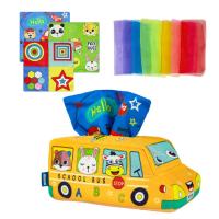 Tissue Box Toy School Bus Tissue Box Soft Montessori Educational Toys High Contrast Crinkle Paper Sensory Silk Scarves Toys for Boys Girls Kids Early Learning Gifts brilliant