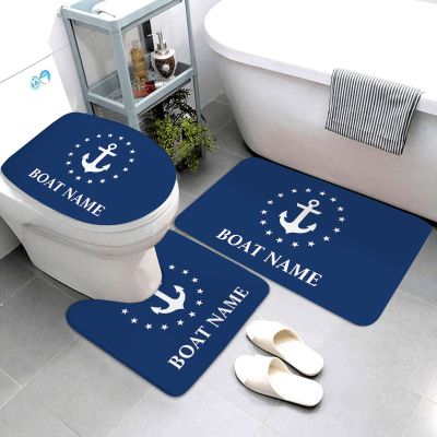 【CC】❉✠  dark blue nautical series bathroom mat products anchor bath three-piece rug and set can be customized