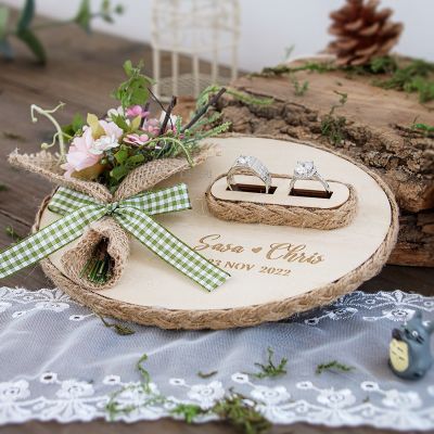 Custom Oval Wooden Flowers Engagement Wedding Ceremony Bride Groom Ring Pillow Box Jewelry Packaging Gift