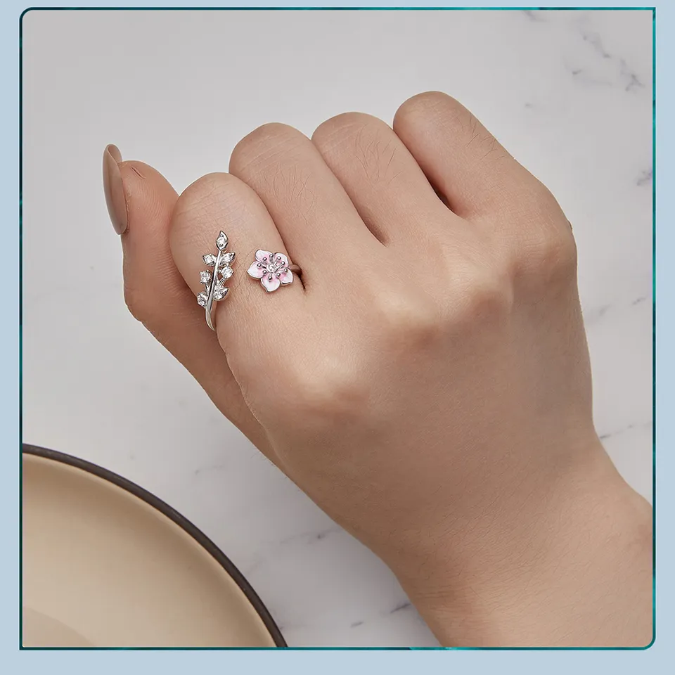 Wholesale 925 Sterling Silver Pink Cherry Blossom Opening Ring Enamel Flower  Adjustable Ring for Women Pave Setting CZ Fine Jewelry BSR438 From  m.