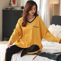 【JH】2PCS/Set Women Pajamas Autumn Spring 100% Cotton Sleepwear Solid Colors V-Neck Long Sleeve Pyjamas Female Home Suit M-XXXL