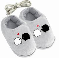 1 Pair USB Powered Cushion Shoes Electric Heat Slipper USB Gadget Cute Grey Piggy Plush USB Foot Warmer Shoes