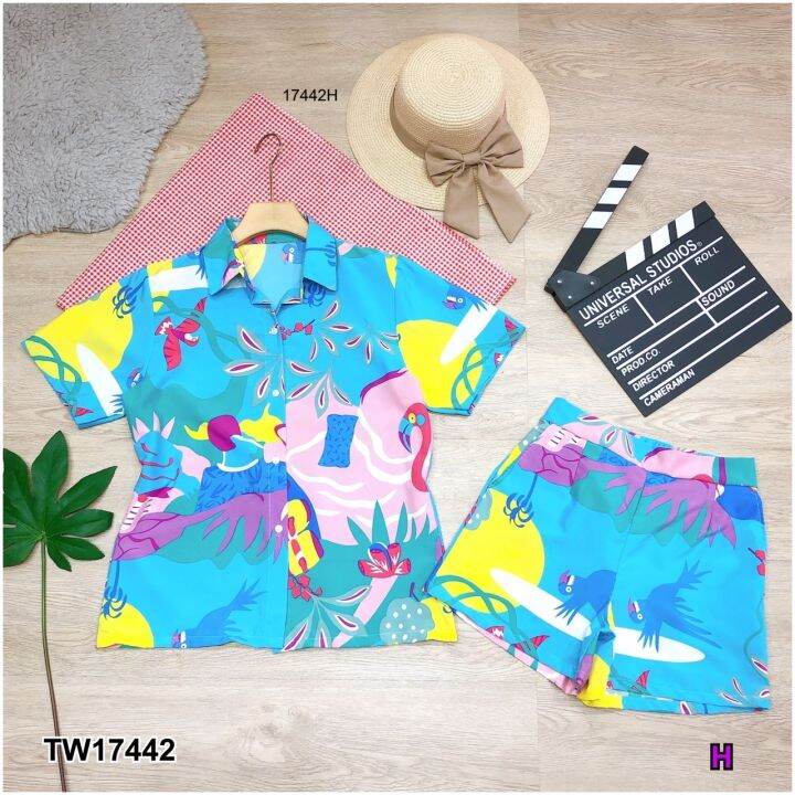 tw17442-set-2-ชิ้น-เสื้อเชิ้ตแขนสั้นพิมลาย-กางเกงขาสั้น