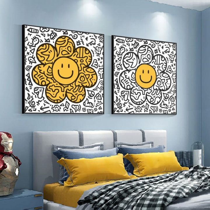 nordic-sunflower-graffiti-บทคัดย่อ-sun-ดอกไม้หน้ายิ้ม-smile-wall-art-ภาพวาดผ้าใบโปสเตอร์โปสเตอร์ภาพห้องนั่งเล่นตกแต่งบ้าน