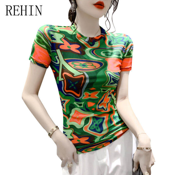 rehin-เสื้อยืดผู้หญิงฤดูร้อนแฟชั่นแขนสั้นพิมพ์ลายตาข่ายคอกลมเสื้อมีสไตล์เกาหลีเสื้อเชิ้ตชายและใหม่