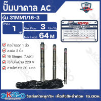 Mitsumax ปั๊มบาดาล 1HP (1 แรงม้า) ท่อออก 1 นิ้ว 16 ใบพัด สำหรับลงบ่อ 3 นิ้ว ใช้กับไฟบ้าน 220V แถมฟรีสายไฟ 30 เมตร รุ่น 31MM1/16-3 รับประกันคุณภาพ