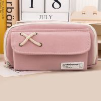+【； New Large Capacity Three-Layer Pencil Bag Stationery Holder Box Aesthetic Canvas Pen Case Zipper Pencil Pouch School Supplies