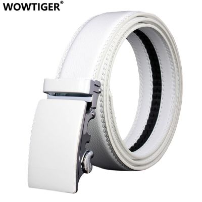 WOWTIGER หัวเข็มขัดอัตโนมัติหนังแฟชั่นผู้ชายสุดหรูสำหรับผู้ชาย Cinturones Hombre เข็มขัดสีขาวดำหัวเข็มขัดโลหะผสม