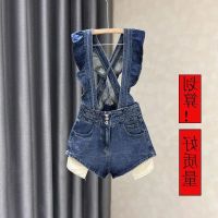 COD jfdss Blue Denim Overalls Shorts Women 2022 Design Ruffled Straps Large Size Slimmer Look