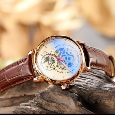 ORKINA Brand New Mens Wristwatches Rose Case Brown Leather Openwork Design Luxury Automatic Mechanical Sports Watches for Men