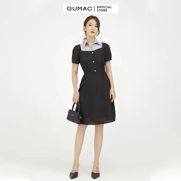 [FREESHIP 0Đ]Đầm nữ ly tùng phối cổ GUMAC mẫu mới DB526 Chất Liệu Vải BỐ GÂN form cơ bản style công sở