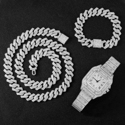Necklace +Watch+Bracelet Hip Hop Miami Curb Cuban Chain Silver Color Full Iced Out Paved Rhinestones CZ For Men Jewelry
