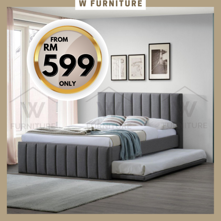 WFURNITURE Queen Size Divan Bed with Single Bed Pull Out Bed Strong Sturdy Katil Queen Katil