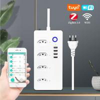 Tuya/zigbee เบ้าไฟสมาร์ท4ปลั๊ก4 USB บราซิลปลั๊ก1.5เมตรสายไฟต่อป้องกันไฟกระชากสำหรับ Alexa Google Home