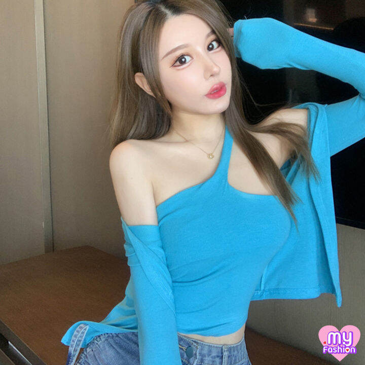 myf-มาใหม่-เซ็ตเสื้อสายเดี่ยวหนึ่งเส้น-เสื้อคลุมแขนยาวแฟชั่น-2-ชิ้น-สีฟ้า