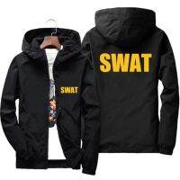 {AH Department Store}เสื้อกันลมผู้ชายตำรวจ SWAT Security เสื้อกันลมซิปมีฮู้ดลักบินหนา Parkas เสื้อผ้าเสื้อลำลองขนาดใหญ่เสื้อแจ็คเก็ตเครื่องบินทิ้งระเบิดสีดำ7XL