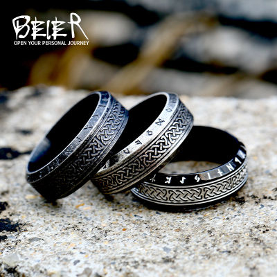 Beier 316L สแตนเลสแฟชั่นสไตล์ผู้ชายผู้หญิงแฟชั่น Odin นอร์สไวกิ้ง Totem Amulet Rune คำแหวนเครื่องประดับ LR-R143