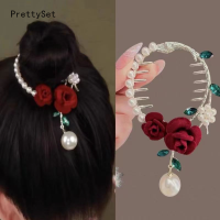 【PrettySet】Retro Rose Flower Pearl Tassel Hair Claw Women Ponytail Buckle Fixed Hairpin Shark Clip Girls Elegant Headwear Hair Accessories
