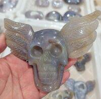 Natural Agate Geode Skull Wing Carvings Reiki Healing ตัวอย่างแร่ Room Decor ตกแต่งบ้านคาถา Halloween Gift