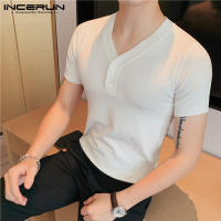 INCERUN เสื้อยืดคอวีผู้ชาย,เสื้อยืดลำลองเข้ารูปเสื้อเฮนลี่ย์สีพื้นเสื้อเสื้อยืดลำลองฤดูร้อน