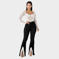 2022 New Womens Mid Waist Slit Tassel Jeans Fashion Slim Fit Stretch Denim Flared Pants Fall Winter Female Trousers S-3XL