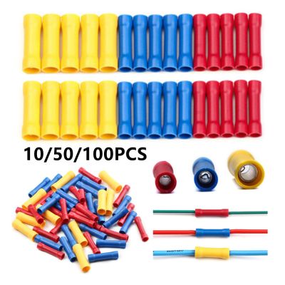 10/50/100pcs BV1.25/BV2.5/BV5.5 Insulated Straight Butt Connectors Electrical Crimp Wire Terminal Cold Press Cable Connecter Set Electrical Connectors