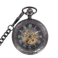 ⌚▬ Tungsten steel black magnifying glass multi-function fully automatic mechanical pocket watch flip retro mens and womens antique gift watch