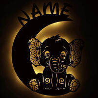 Moon Sleepy Elephant USB LED Wall Night Light Personalized Name for Baby Newborn Baptism Bedroom Decoration Custom Wooden Lamp