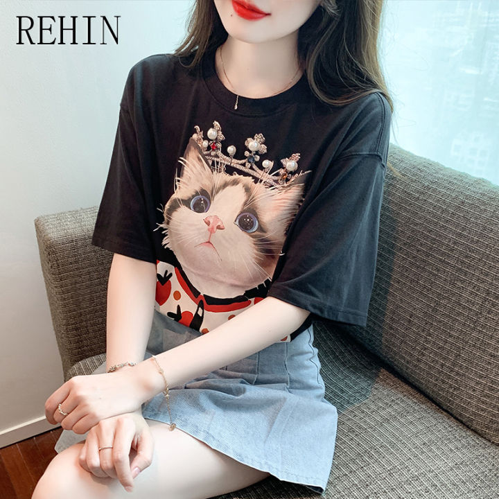 rehin-เสื้อยืดผู้หญิงสีดำพิมพ์ลายแมว-เสื้อผู้หญิงแขนสั้นเสื้อครึ่งแขนแบบหลวมแฟชั่นคอกลมใหม่ฤดูร้อน