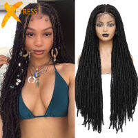 X-TRESS สังเคราะห์ลูกไม้ด้านหน้าถักวิกผมเต็มลูกไม้ด้านหน้า F AUX Locs 32 "ยาวตรงโครเชต์ถักเปียผมวิกผมสำหรับผู้หญิงผิวดำร้อน