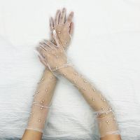 ❀♣ Wedding Extra Long Lace Pearl Chiffon Glove Tulle Summer Mesh Anti-uv Fingerless Women elegance Marriage Bride Party elbow Glove