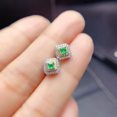 Natural Emerald Earrings 925 Silver Two-color Electroplating Process Cute Style Small Fresh Bow Style