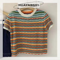 HUAYANG01 [2023 new HOT FASHION] lazlook เสื้อยืดถักลายทางย้อนยุคสำหรับผู้หญิงคอกลมแขนสั้นทรงหลวม