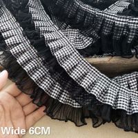 6CM Wide White Black Plaids Satin Ribbon Pleated Lace Collar Trims Embroidery Laces Sewing Accessories And Clothing Hats Decor Fabric  Material