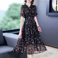 ☫ High-grade black floral chiffon dress female temperament of 2022 new short-sleeved summer cultivate ones morality show thin big yards