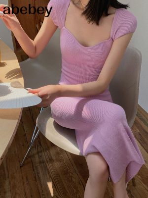 【YF】 Spring Summer Short Cap Sleeve Knitted Sexy Bodycon Dress Back Slit Square Neck Casual Vintage Elegant Maxi Long Women