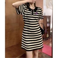 ✽◐♀ This championˉ dress womens T-shirt summer new polo collar striped mid-length skirt slim little student hot style