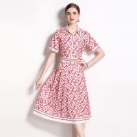 Women Dress Spot Real  Elegant Short Sleeve  Vintage Printed Midi Dress