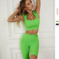 Yoga Set Women Sport Tracksuits 2pcs Fitness Suit Activewear With Lotus Hem Shockproof Bras&amp;Hip Push Up Biker Shorts Sportswear