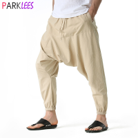 ผู้ชาย Hippie Baggy Genie Boho โยคะ Harem กางเกงผ้าฝ้าย Low Drop Crotch Joggers Sweatpants Casual Hip Hop Streetwear กางเกง3XL