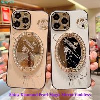 เคสป้องกันลายเทพธิดาไข่มุกประกายเพชรสุดหรูสำหรับ iPhone 14 Pro Max 14 Plus 13 Pro 12 11 Pro Max ฝาครอบกันกระแทกขาตั้งโลหะ