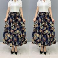 【Ready】? mer 23 new womens floral pla th sectn large swg ice hemp elas waist A-le prted long