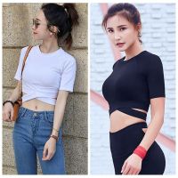 ∮ Lovemygirlคืนเงิน♡ผู้หญิงCrop Top Oคอแขนสั้นแข็งCrisscross Tเสื้อผู้หญิงด้านบน