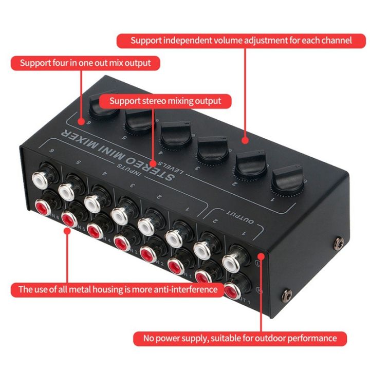 stereo-6-way-passive-mixer-mixer-controller-6-in-2-out-stereo-distributor-volume-control-no-battery-required