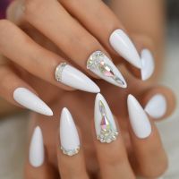 Glossy White 3D Shiny Holo Gems French Stiletto False Nail Press on Ballet Fake Nails Tips Reusable Wear 24pcs/set