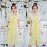 Chompoo Fashions  ชุดเดรส DRESS เดรสแขนกุดแต่งระบายหน้า สีเหลือง