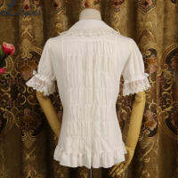 Ladies Short Sleeve Chiffon Blouse WhiteBlack Lolita Button Down Shirt with Detachable Sleeves