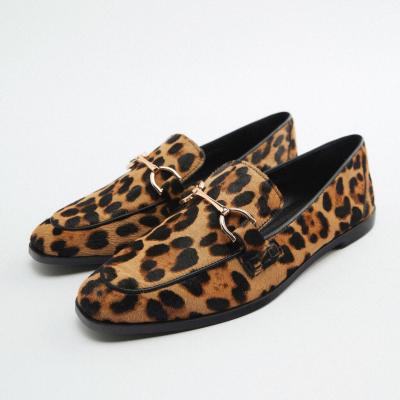Spring New Womens Shoes Leopard Print Cow Fur Want to Casual Flat Bottomed Loafer Shoes Female Low Heel Round Head Single Shoes