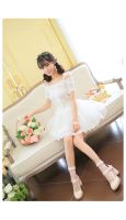 Sales Japan Style Ruffle Collar Boat Neck Cross Shoulder Whole Lace Mesh Chiffion Embroidery Ribbon Corset Knitted Dress