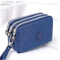 กระเป๋าเครื่องสำอางแบบพกพาผ้า Dompet Koin กระเป๋าสตางค์ใส่โทรศัพท์ได้สีทึบริ้วรอยกระเป๋าคลัตช์สามซิปกระเป๋าสตางค์กระเป๋าสตางค์ผู้หญิงสไตล์เกาหลีดีไซน์แฟชั่น